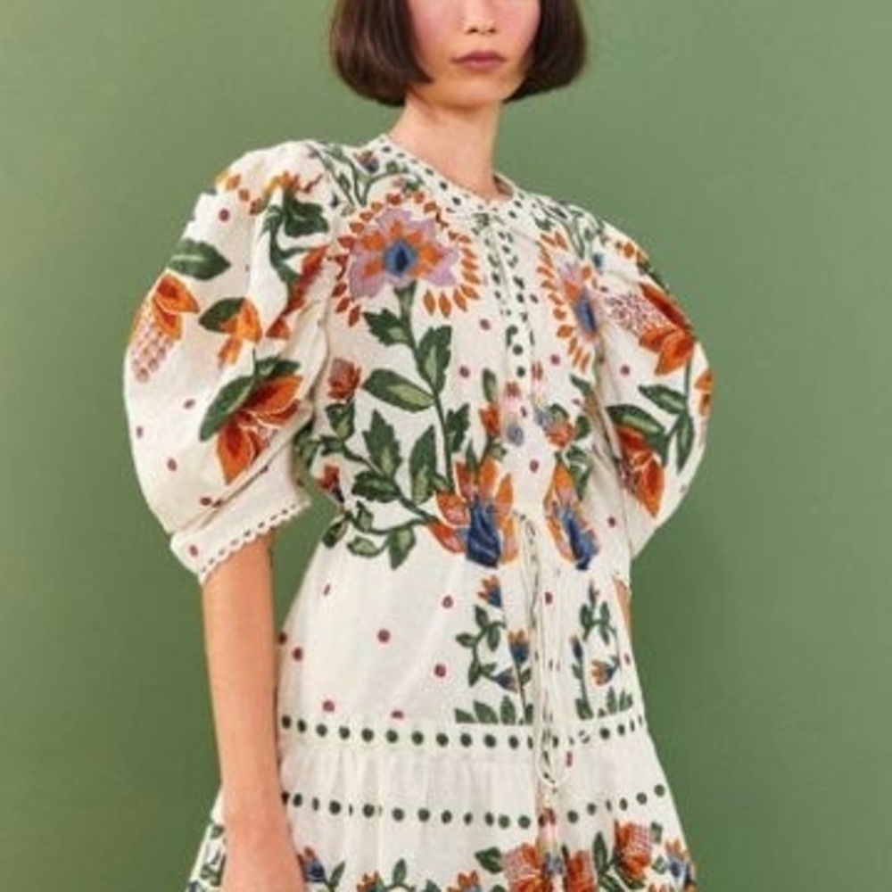 FarmRio Floral Embroidered Puff Sleeve Dress